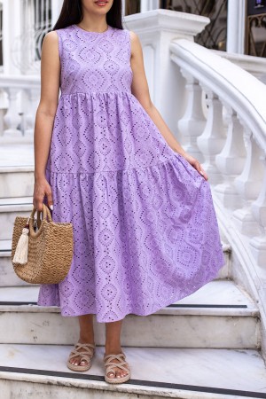 Lilac Scalloped Sleeveless Lined Dress