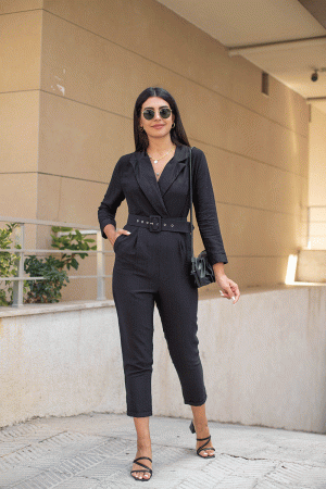 Black Double Breasted Collar Belt Fabric Jumpsuit