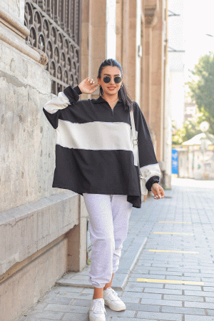 Black and White Striped Loose Sweat