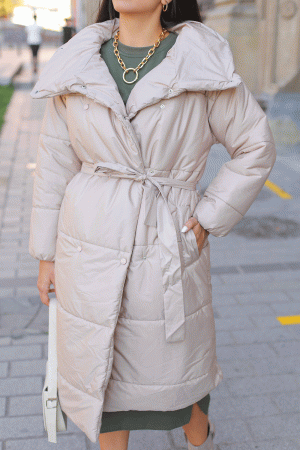 Beige Belted Long Inflatable Coat