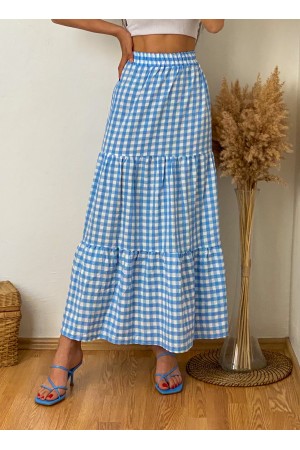 Blue Check Ruffle Detail Long Skirt