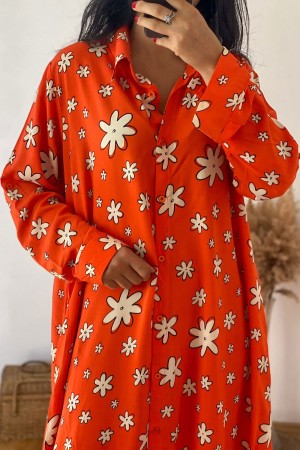 Orange Floral Long Sleeve Shirt Dress