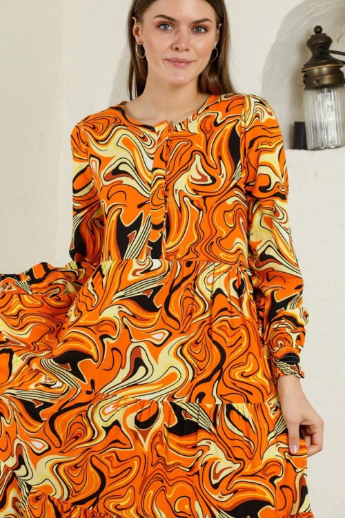 Orange Yellow Patterned Elastic Sleeve Maxi Length Dress