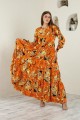 Orange Yellow Patterned Elastic Sleeve Maxi Length Dress