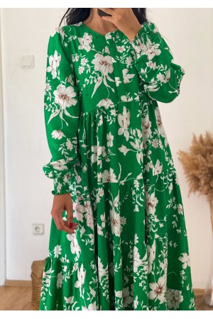 Green Floral Patterned Elastic Ankle Detailed Dress