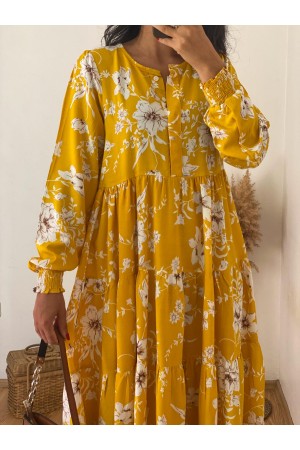 Yellow Floral Patterned Elastic Ankle Detailed Dress