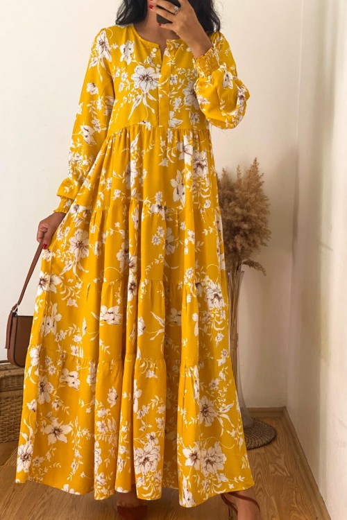Sarı Çiçek Desenli Bileği Lastik Detaylı Elbise