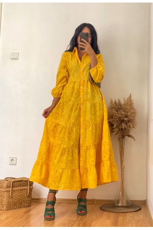 Yellow Shirt Collar Patterned Long Sleeve Dress With Button Down