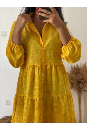 Yellow Shirt Collar Patterned Long Sleeve Dress With Button Down