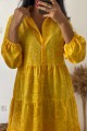 Sarı Gömlek Yaka Desenli Boydan Düğmeli Uzun Kollu Elbise 