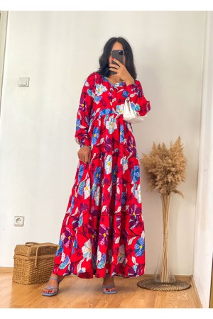 Red Large Floral Elastic Ankle Maxi Dress