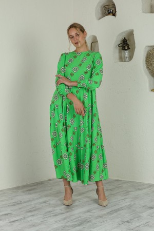 Green Patterned Elastic Ankle Maxi Length Dress