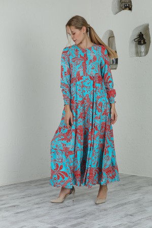 Blue Red Patterned Elastic Ankle Maxi Length Dress