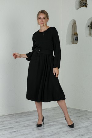 Black Midi Length Belted Dress
