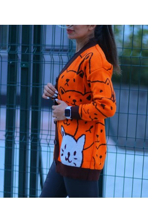 Orange Cat Patterned Buttoned Cardigan