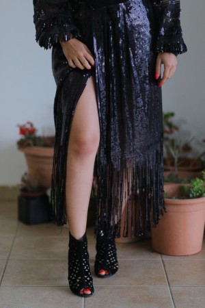 Black Sequined Tasseled Skirt