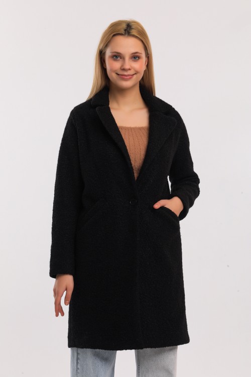 Black Lined Wool Blend Boucle Coat