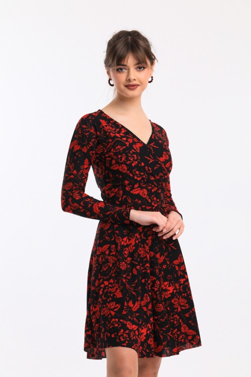 Black Double Breasted Collar Red Patterned Dress