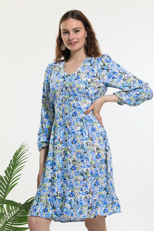 Blue Buttoned Floral Pattern Dress