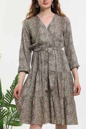 Patterned Double Breasted Collar Belted Dress