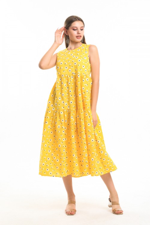 Yellow Daisy Pattern Sleeveless Dress
