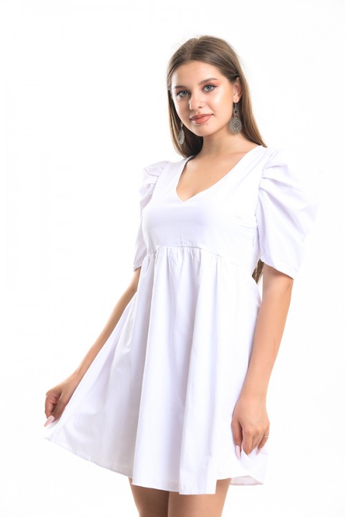 Beyaz V Yaka Astarlı Elbise