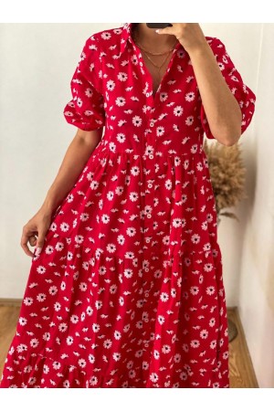 Red Daisy Pattern Front Buttoned Dress