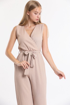 Beige Color Double Breasted Collar Waist Belted Jumpsuit