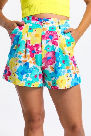 Floral Pattern Pleated Linen Shorts