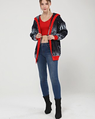 Hooded Zebra Patterned Thick Knitwear Cardigan